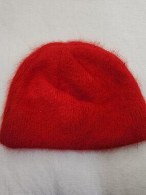 DNY Womens Small Red Angora Blend Fuzzy Skull Cap Beanie